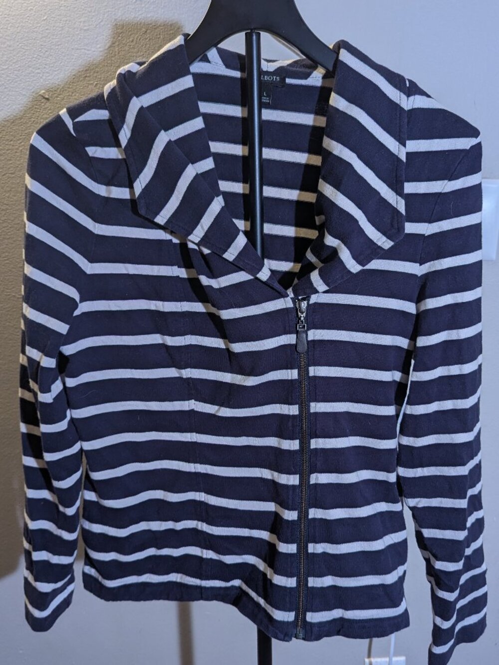 Talbots Black & White Stripe Asymmetical Full Zip Long Sleeve Sweater